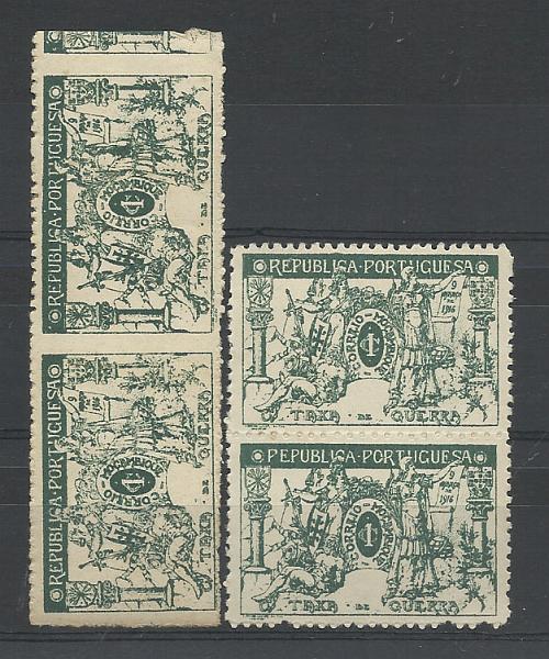 0870.jpg -     Lote:    870            Moçambique       Descrição:         1918 &mdash; Imposto Postal. Taxa de Guerra. CE IP3, 1c verde. Lote composto por: par vertical com variedade PEPUBLICA e par horizontal com falta de denteado vertical.        **       Valor Base:     &euro; 12,00     Valor Venda:     &euro; 12,00       