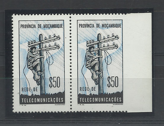 0877.jpg -     Lote:    877            Moçambique       Descrição:         1965 &mdash; Rede de Telecomunicações. CE IP69, $50. Par horizontal com falta de denteado no bordo direito.        ***       Valor Base:     &euro; 5,00     Valor Venda:     &euro; 5,00       