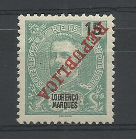 0879.jpg -     Lote:    879            Lourenço Marques       Descrição:         1911 &mdash; D. Carlos I Mouchon, com sobrecarga REPUBLICA da Casa da Moeda. CE8, 15 reis, verde. Selo com a sobrecarga invertida.        **       Valor Base:     &euro; 5,00     Valor Venda:     Retirado     
