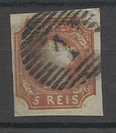 0886.jpg -     Lote:    886            Portugal       Descrição:         1853 &mdash; D. Maria II. CE1, 5 reis castanho amarelo, cunho II com 3 margens normais e uma margem curta. Valor de catálogo &euro; 1.760,00.        O       Valor Base:     &euro; 90,00     Valor Venda:     Retirado     