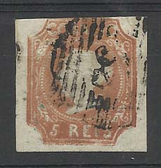 0888.jpg -     Lote:    888            Portugal       Descrição:         1853 &mdash; D. Maria II. CE1, 5 reis castanho amarelo, cunho II. Uma margem curta e restantes boas Valor de catálogo &euro; 1.800,00.        O       Valor Base:     &euro; 100,00     Valor Venda:     Retirado     