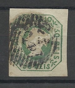 0889.jpg -     Lote:    889            Portugal       Descrição:         1853 &mdash; D. Maria II. CE3, 50 reis verde amarelo. Selo usado com boas margens. Valor de catálogo &euro; 1.770,00. B.        O       Valor Base:     &euro; 140,00     Valor Venda:     Retirado     