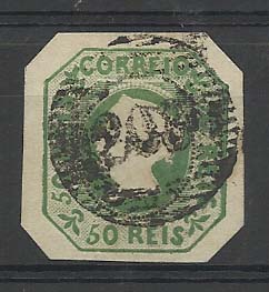 0890.jpg -     Lote:    890            Portugal       Descrição:         1853 &mdash; D. Maria II. CE3, 50 reis verde. Selo com boas margens arredondadas nos cantos, com carimbo numérico de 20 barras "208". Valor de catálogo &euro; 1.800,00.        O       Valor Base:     &euro; 150,00     Valor Venda:     Retirado     