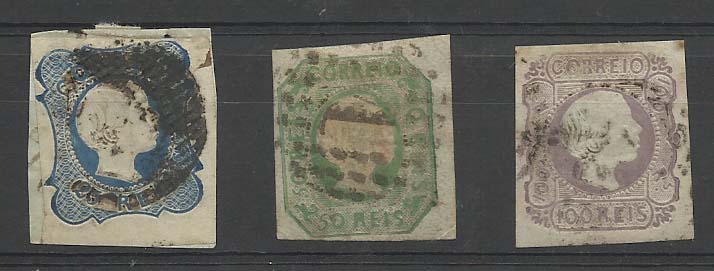 0892.jpg -     Lote:    892            Portugal       Descrição:         1855/56 &mdash; D. Pedro V. Cabelos lisos. Lote de 3 selos de 25, 50 e 100 reis CE 7/9. Margens normais. Valor de catálogo &euro; 356,00.        O       Valor Base:     &euro; 40,00     Valor Venda:     &euro; 46,00       