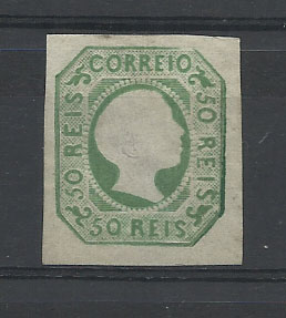 0893.jpg -     Lote:    893            Portugal       Descrição:         1855/56 &mdash; D. Pedro V. Cabelos anelados. CE8, 50 reis verde azul. Selo sem goma com boas margens. Valor de catálogo &euro; 1.420,00.        *       Valor Base:     &euro; 50,00     Valor Venda:     &euro; 75,00       