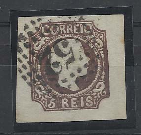 0895.jpg -     Lote:    895            Portugal       Descrição:         1856/58 &mdash; D. Pedro V, cabelos anelados. CE10, 5 reis castanho-escuro, cunho II, com margens excepcionais, obliterado com carimbo numérico de pontos "52 - PORTO".        O       Valor Base:     &euro; 20,00     Valor Venda:     &euro; 20,00       