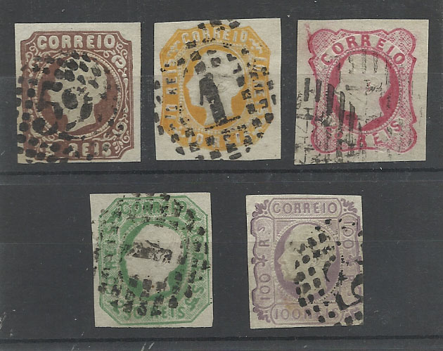 0904.jpg -     Lote:    904            Portugal       Descrição:         1862/64 &mdash; D. Luís I. CE14/18. Série completa. Selos de 50 e 100 reis com margens curtas. Valor de catálogo &euro; 445,00.        O       Valor Base:     &euro; 35,00     Valor Venda:     Retirado     