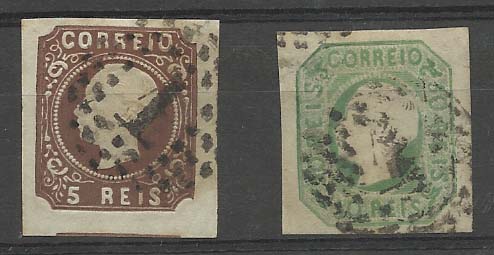 0907.jpg -     Lote:    907            Portugal       Descrição:         1862/64 &mdash; D. Luís I. Lote de dois selos de 5 reis e 50 reis CE14 e 17. Selos com margens largas. Valor de catálogo &euro; 186,00.        O       Valor Base:     &euro; 25,00     Valor Venda:     &euro; 25,00       