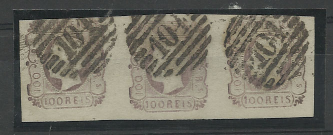0912.jpg -     Lote:    912            Portugal       Descrição:         1862/64 &mdash; D. Luís I. CE18, 100 reis lilás. Tira horizontal de 3 selos, obliterados com carimbo numérico da 1.ª reforma (4.3.4) "104 &mdash; CAMINHA". Valor de catálogo &euro; 805,00.        O       Valor Base:     &euro; 80,00     Valor Venda:     &euro; 80,00       
