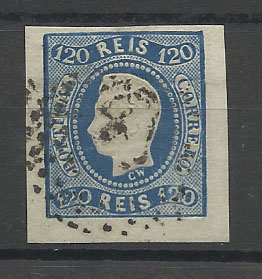 0916.jpg -     Lote:    916            Portugal       Descrição:         1866/67 &mdash; D. Luís I. Fita curva, não denteados. CE26, 120 reis azul, com 3 margens excepcionais e uma curta. Bonito exemplar. Valor de catálogo &euro; 128,00.        O       Valor Base:     &euro; 20,00     Valor Venda:     Retirado     