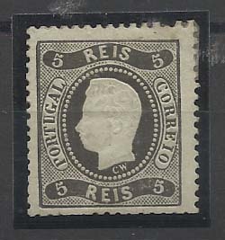 0917.jpg -     Lote:    917            Portugal       Descrição:         1867/70 &mdash; D. Luís I. Fita curva, denteados. CE27, 5 reis preto. Valor de catálogo &euro; 212,00.        **       Valor Base:     &euro; 22,00     Valor Venda:     Retirado     