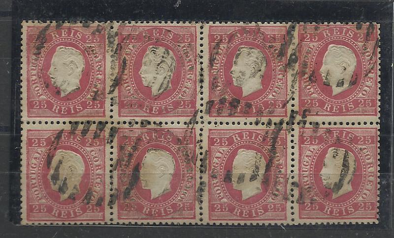0925.jpg -     Lote:    925            Portugal       Descrição:         1870/76 &mdash; D. Luís I. Fita direita. CE40, 25 reis carmim-rosa, denteado 12 &frac12;, papel liso. Bloco de 8 selos, com carimbo da 2.ª reforma. Valor de catálogo &euro; 186,00.        O       Valor Base:     &euro; 20,00     Valor Venda:     &euro; 28,00       