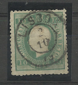 0929.jpg -     Lote:    929            Portugal       Descrição:         1879/80 &mdash; D. Luís I. Fita direita. Novas cores. CE49, 10 reis verde azul, denteado 12 &frac12;. Um dente mais curto. Valor de catálogo &euro; 410,00.        O       Valor Base:     &euro; 30,00     Valor Venda:     &euro; 30,00       