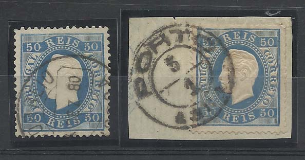 0930.jpg -     Lote:    930            Portugal       Descrição:         1879/80 &mdash; D. Luís I, fita CE50, 50 reis azul, papel liso. Dois selos em denteados 12 &frac12; e 13 &frac12; (sobre fragmento). Valor de catálogo direita. Novas cores. &euro; 189,00.        O/FRG       Valor Base:     &euro; 15,00     Valor Venda:     &euro; 16,00       