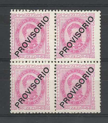 0942.jpg -     Lote:    942            Portugal       Descrição:         1892/93 &mdash; D. Luís I. Sobrecargas "PROVISÓRIO". CE85, 20 reis rosa, denteado 11 &frac12;. Quadra nova sem charneira. Valor de catálogo &euro; 612,00.        ***       Valor Base:     &euro; 40,00     Valor Venda:     Retirado     