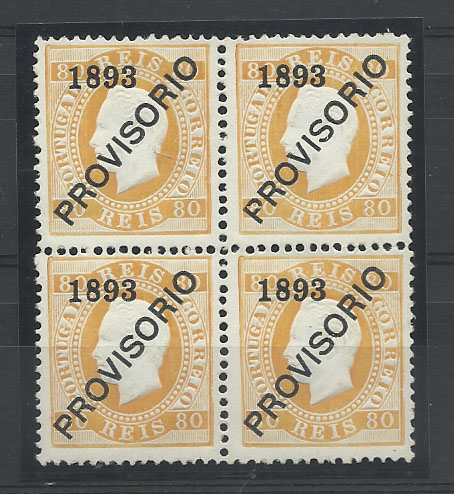 0946.jpg -     Lote:    946            Portugal       Descrição:         1892/93 &mdash; D. Luís I. Sobrecargas "PROVISÓRIO". CE94, 80 reis laranja, sobrecarga D, denteado 12 &frac12;. Quadra com apenas um selo com sinal de charneira. Valor de catálogo &euro; 1.474,00.        ***/**       Valor Base:     &euro; 200,00     Valor Venda:     Retirado     