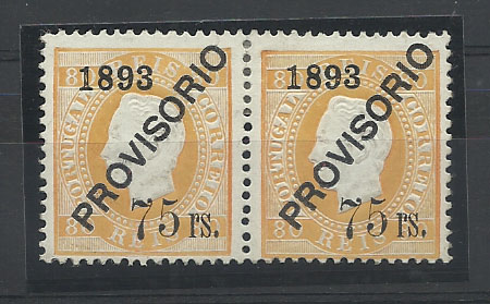 0947.jpg -     Lote:    947            Portugal       Descrição:         1892/93 &mdash; D. Luís I. Sobrecargas "PROVISÓRIO". CE97, 75 s/ 80 reis laranja. Par horizontal, sobrecarga G, denteado 12 &frac12;. Valor de catálogo &euro; 264,00.        **       Valor Base:     &euro; 40,00     Valor Venda:     &euro; 40,00       