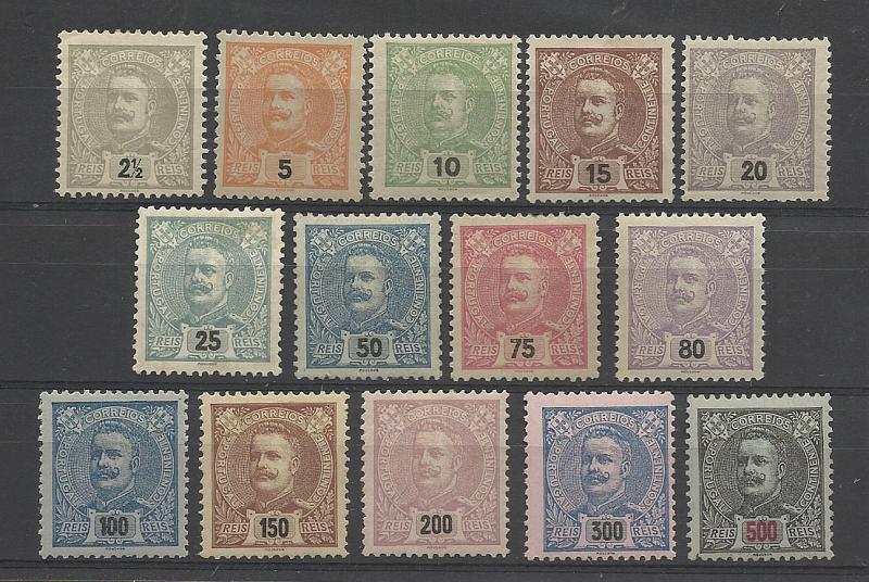 0957.jpg -     Lote:    957            Portugal       Descrição:         1895/96 &mdash; D. Carlos I Mouchon. CE 126/139. Série completa. Valor de catálogo &euro; 950,00.        **       Valor Base:     &euro; 120,00     Valor Venda:     &euro; 180,00       