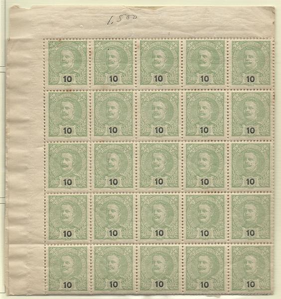 0958.jpg -     Lote:    958            Portugal       Descrição:         1895/96 &mdash; D. Carlos I Mouchon. CE128, 10 reis verde. Folha completa com 150 selos. Alguns selos com pontos de óxido. Lote a ver. Valor de catálogo &euro; 300,00.        ***       Valor Base:     &euro; 25,00     Valor Venda:     &euro; 25,00       