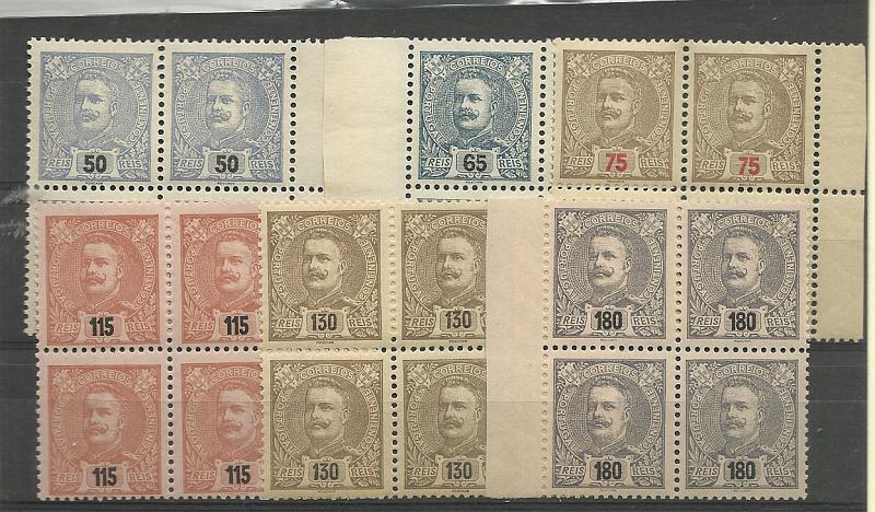 0960.jpg -     Lote:    960            Portugal       Descrição:         1898/1905 &mdash; D. Carlos I Mouchon. Novas cores e valores. CE142/147. Lote composto por 6 quadras. Valor de catálogo &euro; 400,00.        ***       Valor Base:     &euro; 50,00     Valor Venda:     &euro; 85,00       