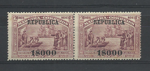0966.jpg -     Lote:    966            Portugal       Descrição:         1911 &mdash; 4.º Centenário do Descobrimento do Caminho Marítimo para a Índia, com sobrecarga REPUBLICA sobre selos da Madeira. CE205, 1$000 s/ 10 reis violeta. Par horizontal. Valor de catálogo &euro;242,00.        ***       Valor Base:     &euro; 30,00     Valor Venda:     Retirado     