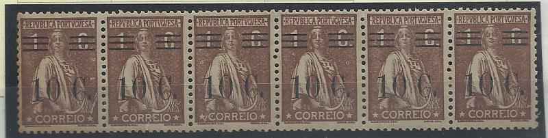 0996.jpg -     Lote:    996            Portugal       Descrição:         1928/29 &mdash; Ceres, com sobretaxa. CE455, 10c s/ 1c castanho. Tira horizontal de 6 selos em papel parafinado, denteado 12x11 &frac12;. Valor de catálogo &euro; 177,00.        ***       Valor Base:     &euro; 30,00     Valor Venda:     &euro; 44,00       