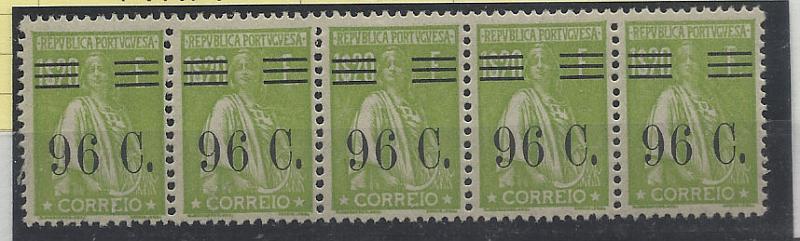 1005.jpg -     Lote:    1005            Portugal       Descrição:         1928/29 &mdash; Ceres, com sobretaxa. CE480, 96c s/ 1$20 verde amarelo, denteado 12x11 &frac12;. Tira horizontal de 5 selos. Valor de catálogo &euro; 51,30        ***       Valor Base:     &euro; 10,00     Valor Venda:     &euro; 16,00       