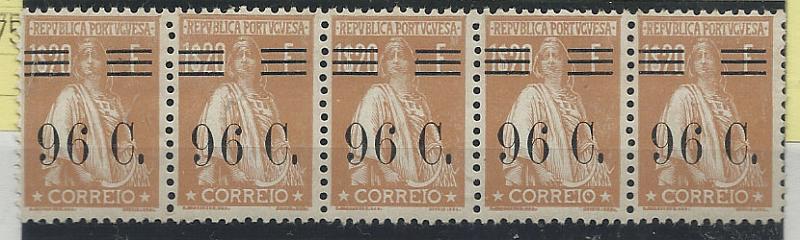 1007.jpg -     Lote:    1007            Portugal       Descrição:         1928/29 &mdash; Ceres, com sobretaxa. CE484, 96c s/ 1$20 bistre, denteado 12x11 &frac12;. Tira horizontal de 5 selos. Valor de catálogo &euro; 51,50        ***       Valor Base:     &euro; 10,00     Valor Venda:     &euro; 18,00       