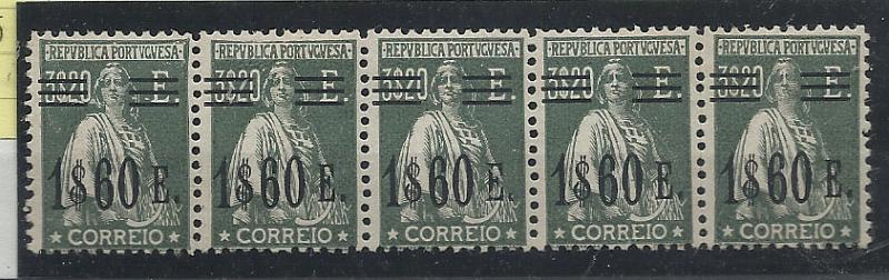 1008.jpg -     Lote:    1008            Portugal       Descrição:         1928/29 &mdash; Ceres, com sobretaxa. CE486, 1$60 s/ 3$20 verde escuro, denteado 12x11 &frac12;. Tira horizontal de 5 selos. Valor de catálogo &euro; 140,00.        ***       Valor Base:     &euro; 25,00     Valor Venda:     &euro; 26,00       