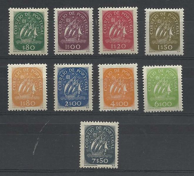 1024.jpg -     Lote:    1024            Portugal       Descrição:         1948 &mdash; Caravela. Novos valores e cores. CE 696/704. Série completa. Selo de 7$50 regoamdo. Restantes com goma original. Valor de catálogo &euro; 770,00.        ***       Valor Base:     &euro; 70,00     Valor Venda:     &euro; 75,00       