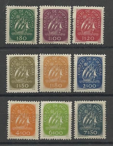 1025.jpg -     Lote:    1025            Portugal       Descrição:         1948/49 &mdash; Caravela. Novos valores e cores. CE696/704. Série completa. Valor de catálogo &euro; 452,00.        **       Valor Base:     &euro; 40,00     Valor Venda:     &euro; 42,00       
