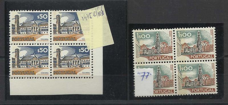 1042.jpg -     Lote:    1042            Portugal       Descrição:         1972/74 &mdash; Paisagens e Monumentos. Lote de duas quadras: CE1129, $50 de 1975 com tarja fosforescente + CE1130, 1$00 de 1977 com tarja fosforescente. Valor de catálogo &euro; 64,00.        ***       Valor Base:     &euro; 8,00     Valor Venda:     Retirado     