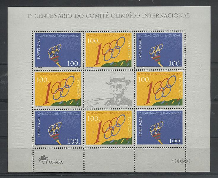 1078.jpg -     Lote:    1078            Portugal       Descrição:         1994 &mdash; 1.º Centenário do Comité Olímpico Internacional. Folha Miniatura. CE FM12. Valor de catálogo &euro; 40,00.        FM***       Valor Base:     &euro; 12,00     Valor Venda:     &euro; 15,00       