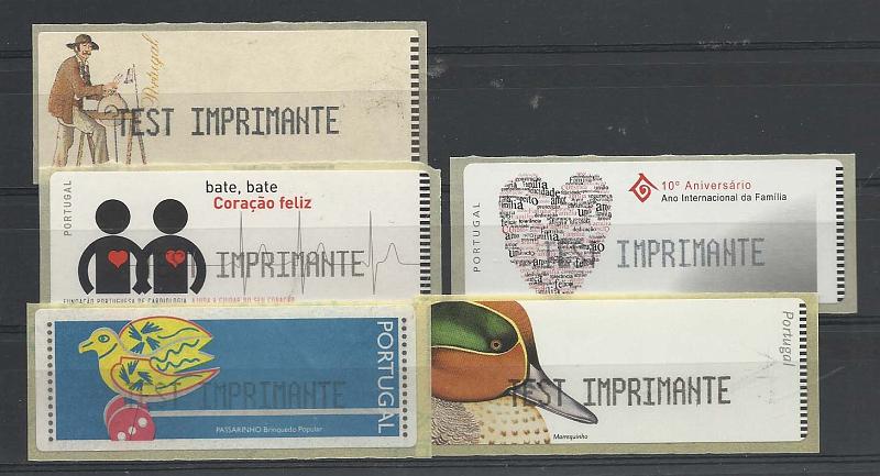 1080.jpg -     Lote:    1080            Portugal       Descrição:         1996/2005 &mdash; Lote de 5 etiquetas de teste com impressão a preto "TEST IMPRIMANTE". CE ETQ12, 18, 21, 30 e 32.        PRV       Valor Base:     &euro; 6,00     Valor Venda:     Retirado     
