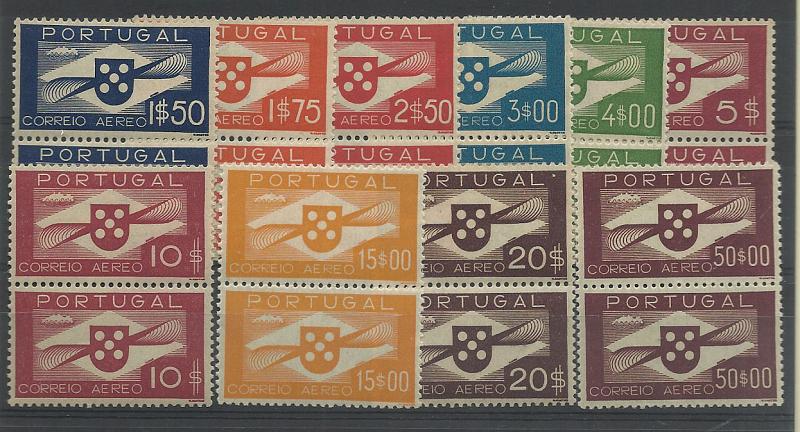 1082.jpg -     Lote:    1082            Portugal       Descrição:         1936/41 &mdash; Tipo Hélice. CE CA 1/10. Série completa em pares horizontais. Selos de 3$00 e 50$00 sem sinal de charneira. Valor de catálogo &euro; 1.360,00.        ***/**       Valor Base:     &euro; 240,00     Valor Venda:     &euro; 260,00       