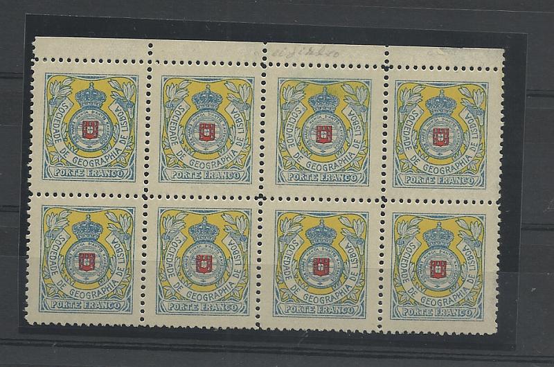 1090.jpg -     Lote:    1090            Portugal       Descrição:         1933 &mdash; Porte Franco. Sociedade de Geografia de Lisboa. CE SGL2. Bloco com 8 reimpressões de 1933, com pequenos defeitos na goma. Valor de catálogo &euro; 400,00.        R***       Valor Base:     &euro; 30,00     Valor Venda:     &euro; 65,00       