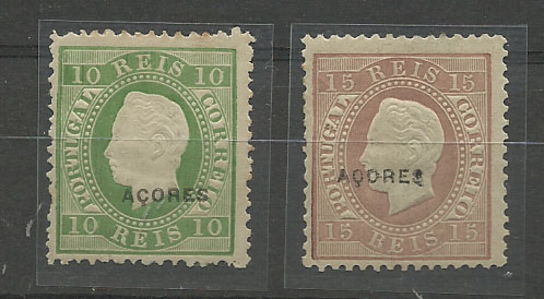 1095.jpg -     Lote:    1095            Açores       Descrição:         1882/84 &mdash; D. Luís I. Fita direita. CE37/38. Lote de dois selos de 10 reis e 15 reis, em papel liso, em denteado 12 &frac12;. Valor de catálogo &euro; 200,00.        **       Valor Base:     &euro; 30,00     Valor Venda:     &euro; 42,00       