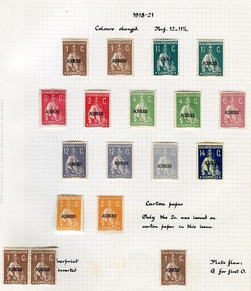 1098.jpg -     Lote:    1098            Açores       Descrição:         1912/26 &mdash; Ceres. Selos do Continente com sobrecarga "AÇORES"- Pequeno estudo das emissões Ceres, composto por selos novos, poucos selos usados, com variedades de denteado, tonalidades de cor, provas, erros (sobrecargas invertidas, duplas, deslocadas, denteados deslocados, variedades "CORREIC" e "CQRREIO", etc.), bipartidos em fragmentos, impressões retro-verso. Bom valor de catálogo. Lote a ver.        Lote       Valor Base:     &euro; 300,00     Valor Venda:     &euro; 440,00       