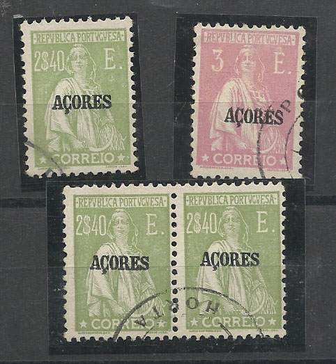 1099.jpg -     Lote:    1099            Açores       Descrição:         1924/26 &mdash; Ceres, com sobrecarga AÇORES. CE214/215. Lote composto por selo isolado + par de 2$40 e selo isolado de 3$00'. Valor de catálogo &euro; 237,00.        O       Valor Base:     &euro; 28,00     Valor Venda:     Retirado     