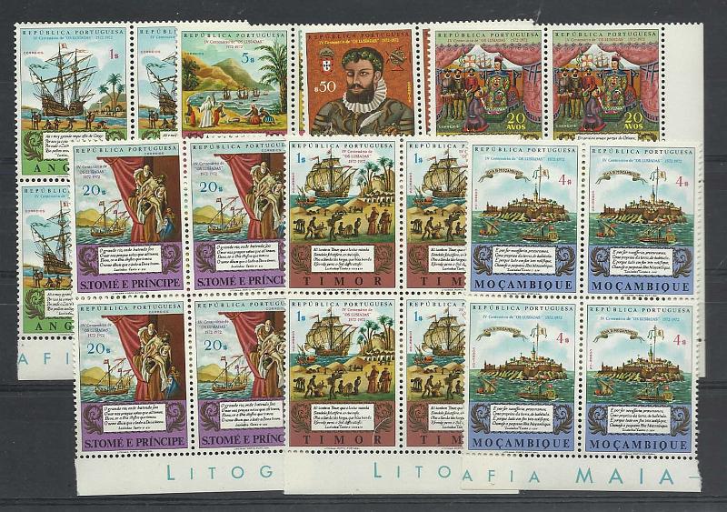1101.jpg -     Lote:    1101            Ultramar       Descrição:         Ultramar. Emissões conjuntas. 1972 &mdash; 4.º Centenário da Publicação dos Lusíadas. Série completa em quadras para as 7 colónias. Valor de catálogo &euro; 48,20.        ***       Valor Base:     &euro; 10,00     Valor Venda:     &euro; 70,00       