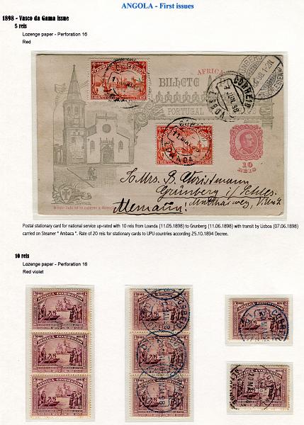 1102.jpg -     Lote:    1102            Ultramar       Descrição:         1898 &mdash; 4.º Centenário do Descobrimento do Caminho Marítimo para a Índia, emissão para África. CE 1/8. Lote composto por estudo da série com selos novos e selos usados utilizados em Angola, incluindo marcofilia, dois inteiros postais com adicionais, blocos de selos usados e novos, destacando-se um bloco de 25 selos de 50 reis em novo. Lote a ver.        Lote       Valor Base:     &euro; 150,00     Valor Venda:     &euro; 150,00       