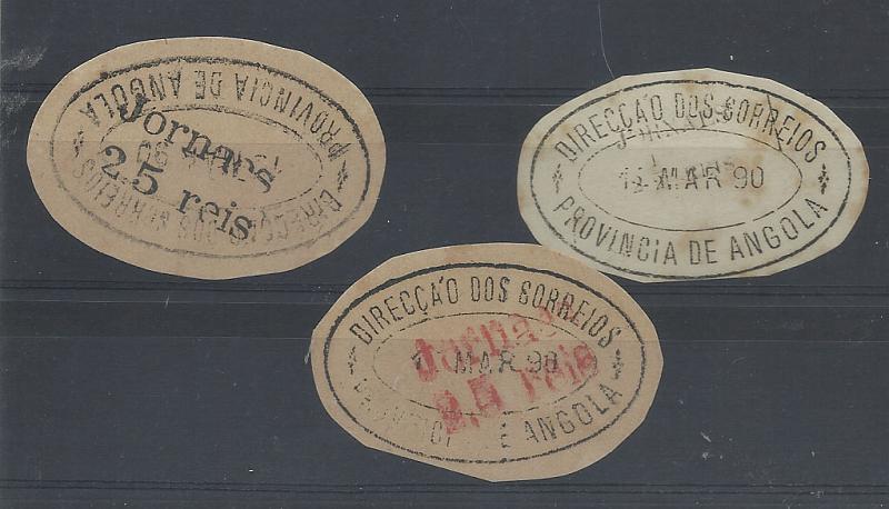 1105.jpg -     Lote:    1105            Angola       Descrição:         1890 &mdash; Jornais. Selos fixos. Três fragmentos de jornais com selos fixos "JORNAES / 2,5 REIS". Tipo 1 a preto e vermelho e tipo 2 a preto.        FRG       Valor Base:     &euro; 20,00     Valor Venda:     &euro; 30,00       