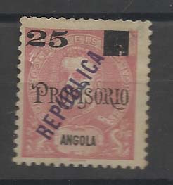 1106.jpg -     Lote:    1106            Angola       Descrição:         1912 &mdash; D. Carlos I, com sobrecarga REPUBLICA local e sobretaxa. CE116, 25 s/ 75 reis carmim. Valor de catálogo &euro; 110,00.        **       Valor Base:     &euro; 20,00     Valor Venda:     &euro; 44,00       