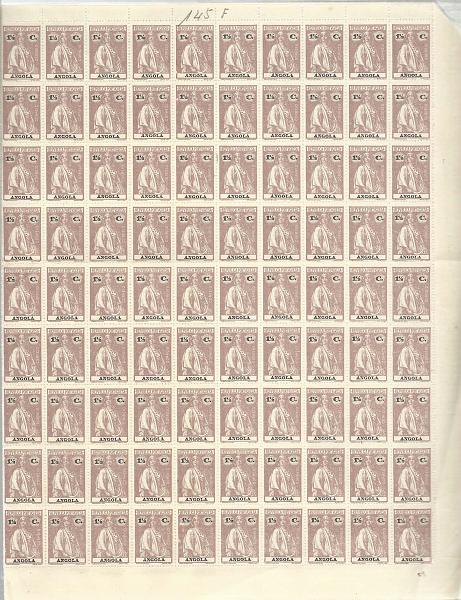 1107.jpg -     Lote:    1107            Angola       Descrição:         1914 &mdash; Ceres. CE145, 1 &frac12; c castanho. Folha completa com 180 selos.         ***       Valor Base:     &euro; 20,00     Valor Venda:     &euro; 32,00       