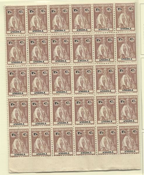 1108.jpg -     Lote:    1108            Angola       Descrição:         1914 &mdash; Ceres. CE145, 1 &frac12; c castanho, denteado 12 X11 &frac12;, papel liso. Folha completa com 180 selos. Valor de catálogo &euro; 126,00.        *       Valor Base:     &euro; 20,00     Valor Venda:     &euro; 20,00       