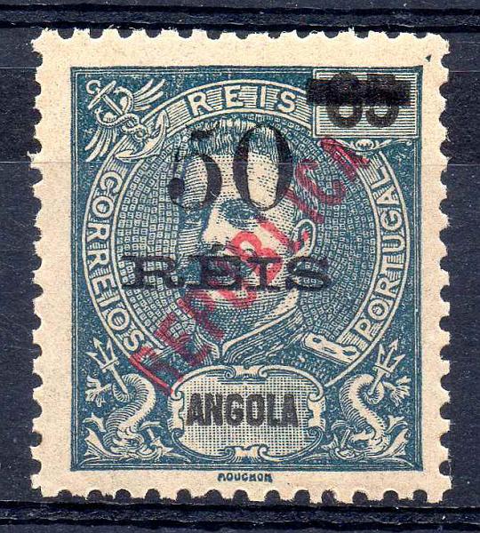 1109.jpg -     Lote:    1109            Angola       Descrição:         1914 &mdash; D. Carlos I, com sobrecarga REPUBLICA local. CE178, 50 s/ 65 reis. Selo com "5" partido. Muito leve sinal de charneira. Valor de catálogo &euro; 70,00.        **       Valor Base:     &euro; 20,00     Valor Venda:     &euro; 95,00       