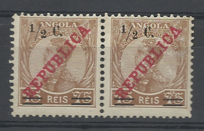 1110.jpg -     Lote:    1110            Angola       Descrição:         1919 &mdash; D. Manuel II, com sobrecarga REPUBLICA da Casa da Moeda e sobretaxa. CE190, &frac12; c s/ 75 reis. Par com um dos selos com "2" mais fino. Valor de catálogo &euro; 24.90.        ***       Valor Base:     &euro; 8,00     Valor Venda:     &euro; 8,00       