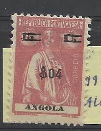 1111.jpg -     Lote:    1111            Angola       Descrição:         1921 &mdash; Ceres, com sobretaxa. CE199, $04 s/ 15c, em papel liso, denteado 12x11 &frac12;. Sem valor de catálogo atribuído. MB e MR.        ***       Valor Base:     &euro; 50,00     Valor Venda:     &euro; 90,00       