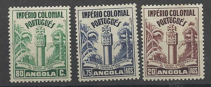 1112.jpg -     Lote:    1112            Angola       Descrição:         1938 &mdash; Primeira Viagem Presidencial às Colónias. CE 276/278. Série completa. Valor de catálogo &euro; 108,00,        **       Valor Base:     &euro; 20,00     Valor Venda:     &euro; 38,00       