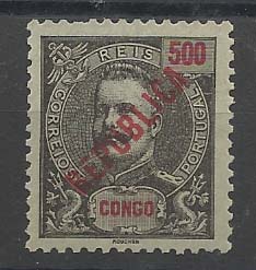 1119.jpg -     Lote:    1119            Congo       Descrição:         1914/18 &mdash; D. Carlos I Mouchon, com sobrecarga REPUBLICA local. CE120, 500 reis. Valor de catálogo &euro; 100,00.        **       Valor Base:     &euro; 25,00     Valor Venda:     &euro; 34,00       